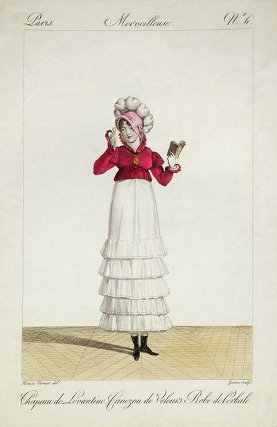 Une dame avec un chapeau levantin, une jupe à étages et une veste en velours, planche 6 de la série 