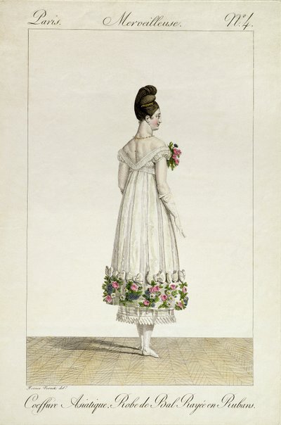Une dame avec une coiffure asiatique en robe de bal ornée de rubans, planche 4 de la série de modes 