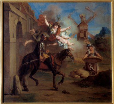 Don Quichotte, poussé par la folie, quitte sa maison pour devenir chevalier errant - Antoine Coypel