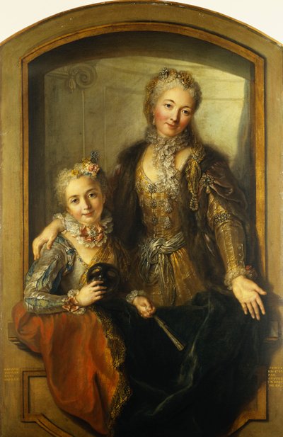 Portrait de Madame Dupille et sa Fille, Mi-Corps, Habillées en Robes de Bal dans une Fenêtre, 1733 - Antoine Coypel