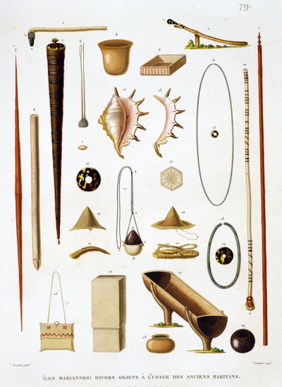 Ustensiles ménagers et armes des îles Mariannes, de Voyage autour du Monde (1817-20), par Louis Claude Desaulses de Freycinet (1779-1842) gravé par Jean Louis Denis Coutant (1776-1831), p - Antoine Germain Bevalet