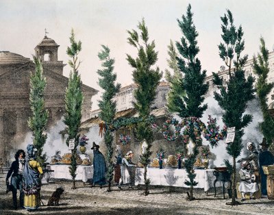 Fritures de nourriture au Panthéon pendant la fête de Saint Joseph, gravure par Antoine Jean-Baptiste Thomas de Un an à Rome et dans ses environs, France - Antoine Jean Baptiste Thomas