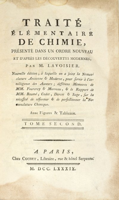 Page de titre de Traité Élémentaire de Chimie, Tome II, publié à Paris, 1789 - Antoine Laurent de Lavoisier