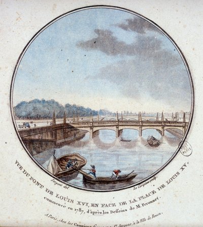Vue du pont de Louis XVI, en face de la place de Louis XV, commencé en 1787 selon les dessins de M. Peronnet. Dans vues pittoresques des principaux bâtiments de Paris par Sergeant - Antoine Louis Francois Sergent Marceau