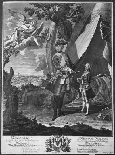 Frédéric II (1712-86) et son neveu Frédéric-Guillaume II (1744-97), gravé par Johann Probst (1673-1750) - Antoine Pesne