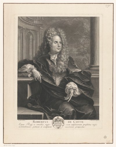 Portrait de Robert de Cotte, appuyé sur un livre dans une architecture classique - Antoine Trouvain