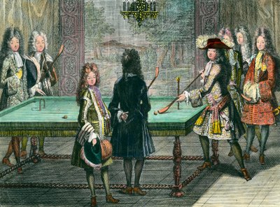 Divertissement royal à Versailles, le roi Louis XIV (1638-1715) jouant au billard avec Philippe Duc d