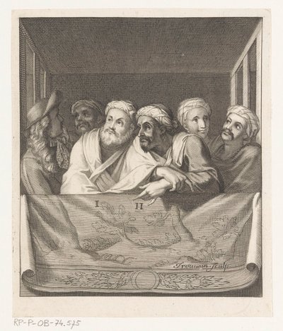 Cinq hommes avec turban et un avec chapeau dans une loge derrière une balustrade - Antoine Trouvain