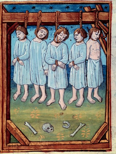 Cinq hommes pendus. Miniature dans les "chroniques de Saint Denis" Paris, Antoine Verard - Antoine Verard