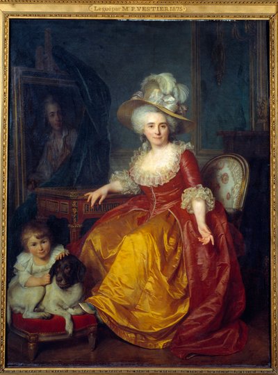 Portrait en pied de Madame Vestier (1740-1831) avec un enfant à ses pieds pinçant l