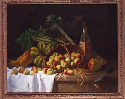 Nature morte avec une bouteille de vin, rhubarbe et un panier renversé de pommes sur une table - Antoine Vollon