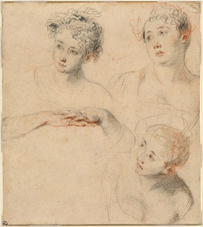 Trois études de tête de femme et une étude de mains [recto] - Antoine Watteau