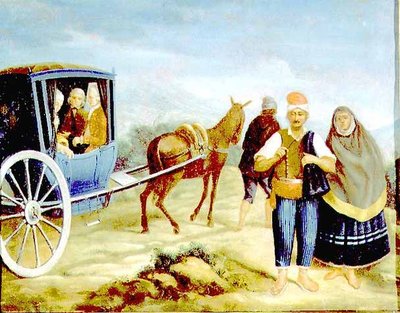 Nobles dans un kaless maltais portant les armes du maître de Rohan, passant des paysans maltais au bord de la route - Antoine de (circle of) Favray
