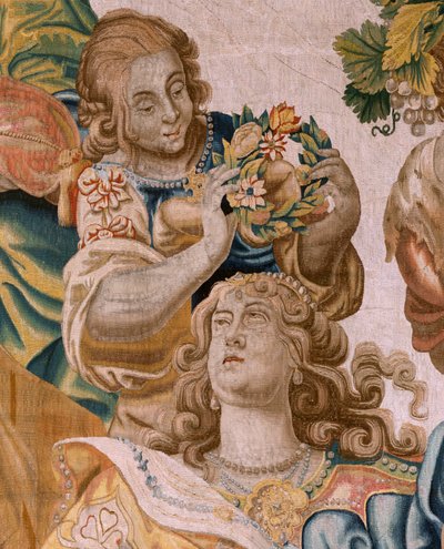Tapisserie Flamande. Série Histoire de Thésée. Bacchus prend Ariane pour épouse. Neuvième tapisserie de la série. Modèle Anthonis Sallaert. Manufacture Jan Raes le Jeune, Bruxelles. Vers 1630. Tissu Soie et laine. Taille 392 x 45 - Antoine or Anthonis Sallaert
