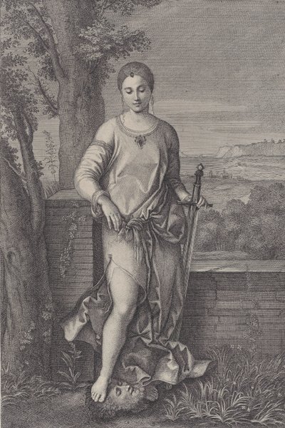 Judith debout avec son pied sur la tête d