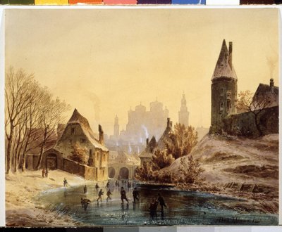 La patinoire sur la rivière gelée, aquarelle d