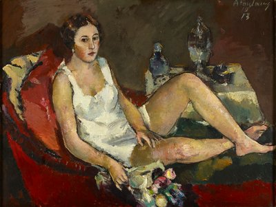 Jeune femme sur un canapé rouge - Anton Faistauer