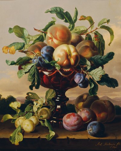 Nature morte avec pêches et prunes dans un bol en verre rouge - Anton Hartinger