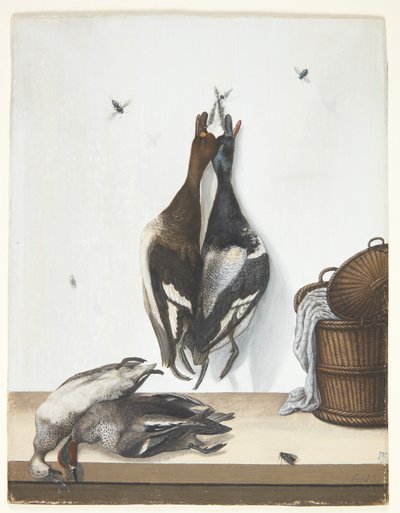 Nature Morte avec Quatre Canards et un Panier Ouvert - Anton Ignaz Hamilton