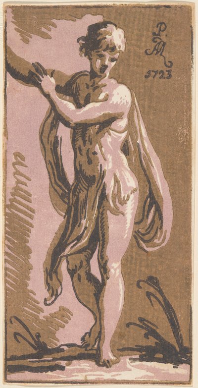 Un jeune homme debout faisant un geste vers sa droite - Anton Maria Zanetti I, after Parmigianino