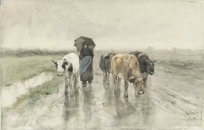 Une bergère avec des vaches sur un chemin de campagne sous la pluie - Anton Mauve