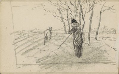 Homme debout avec un bâton et un animal dans un champ labouré - Anton Mauve