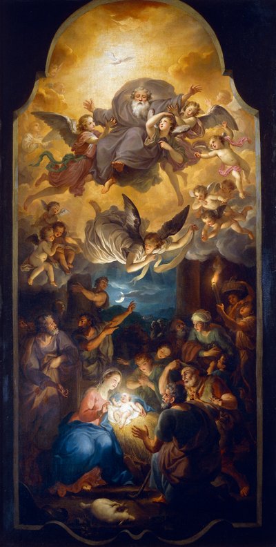 Adoration des bergers avec Dieu le Père dans une gloire d