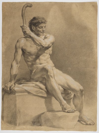 Nu masculin assis, tourné obliquement vers la droite, levant une petite massue de la main gauche - Anton Raphael Mengs