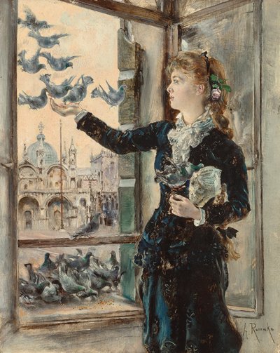 Jeune fille à une fenêtre sur la place Saint-Marc, nourrissant des pigeons - Anton Romako