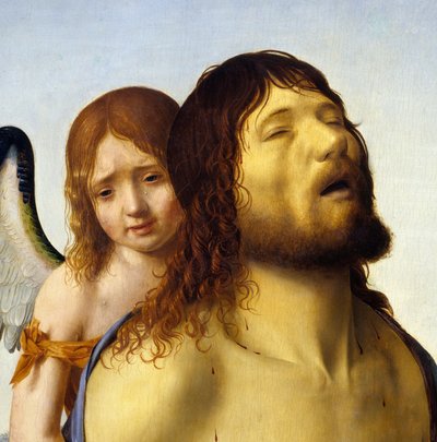 Détail de « Le Christ mort soutenu par un ange » peinture par Antonello da Messina (1430-1479) 1476-1479. Madrid, Musée du Prado. - Antonello da Messina