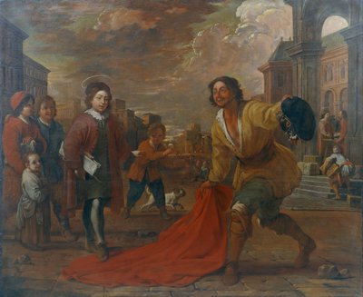 Un homme simple dépose son manteau aux pieds de Saint François enfant - Antoni Viladomat Y Manalt