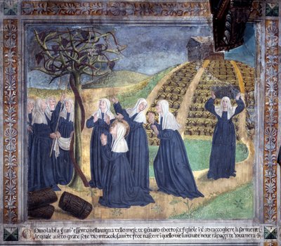 Vie de Sainte Françoise Romaine : la sainte entretenant la vigne avec les sœurs fait apparaître des raisins en janvier - Antoniazzo Romano