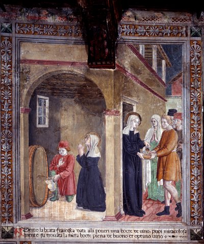 Vie de Sainte Francesca Romana : Un tonneau de vin utilisé par la sainte pour les pauvres est trouvé miraculeusement plein - Antoniazzo Romano