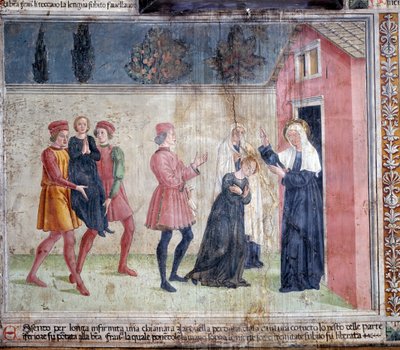 Vie de Sainte Francesca Romana : La sainte rencontre une femme paralysée appelée Jacobella et promet de la guérir - Antoniazzo Romano