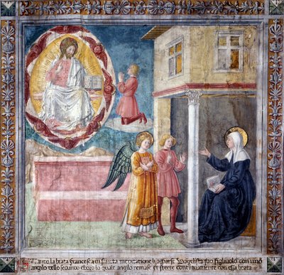 Vie de Sainte Francesca Romana : Le fils de la sainte, tué par la peste bubonique, lui apparaît avec un ange - Antoniazzo Romano