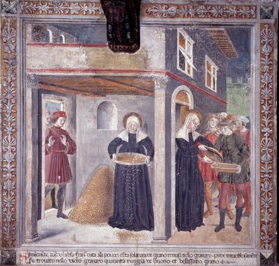 Vie de Sainte Francesca Romana : pendant une grave famine en 1402, Francesca donne tout son grain aux pauvres - Antoniazzo Romano
