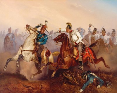 Combat entre dragons impériaux autrichiens et hussards hongrois honvéd... Hongrie en 1849, 1854 - Antonin Zimmer