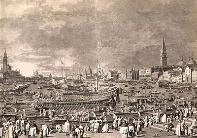 Le débarquement du Doge sur le Bucintoro pour le mariage avec la mer (gravé par Giovanni Battista Brustolon) - Antonio (after) Canaletto