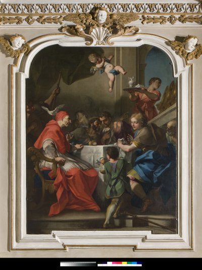 Saint Grégoire le Grand à une table avec Jésus déguisé en pèlerin, près du Pape, la colombe du Saint-Esprit, 1729-1731 - Antonio Balestra