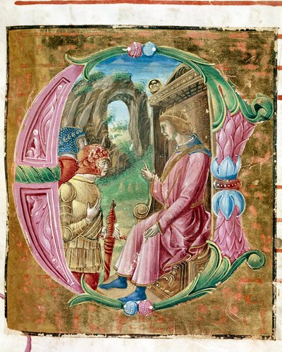 Hérode Ier le Grand (73-4 av. J.-C.) ordonnant le massacre des innocents. Lettrine illuminée par Antonio Cicognari. Détail d