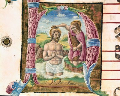 Le baptême du Christ, lettrine illuminée par Antonio Cicognari. (détail) d