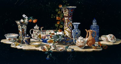 Dessus de table avec vases en porcelaine, vers 1797, mosaïque de pierres semi-précieuses sur marbre, créée dans les ateliers Grand Ducal à Florence d