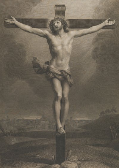 Christ sur la croix, une ville en arrière-plan, d