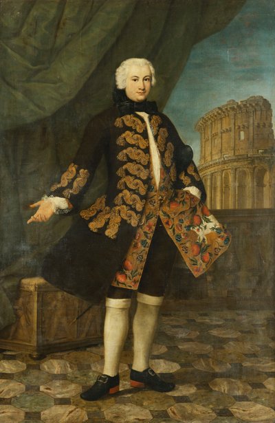 Portrait de William Perry, âgé de 21 ans, debout, en pleine longueur, dans un manteau marron brodé d