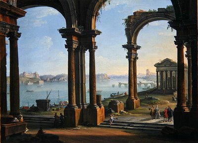 Scène de port à travers des arches en ruine - Antonio Joli