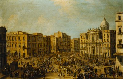 Le Largo San Ferdinando, Naples, au moment du carnaval avec le carrosse royal approchant du Palazzo Reale - Antonio Joli