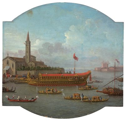 Vue du Bucintoro ancré devant San Nicolo al Lido, Venise, pour la cérémonie du Sposalizio del Mare - Antonio Joli