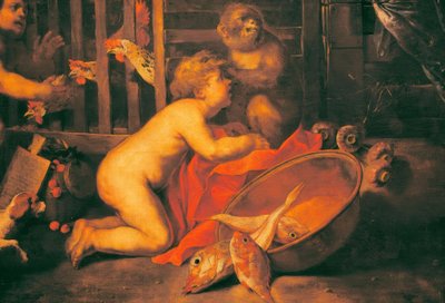 Putti, singe et bol de poissons - Antonio Maria Vassallo