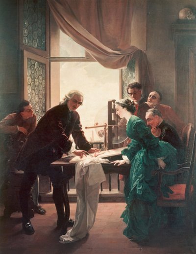 Luigi Galvani (1737-1798) faisant des expériences sur des grenouilles, assisté par sa femme Lucia Galeazzi - Antonio Muzzi