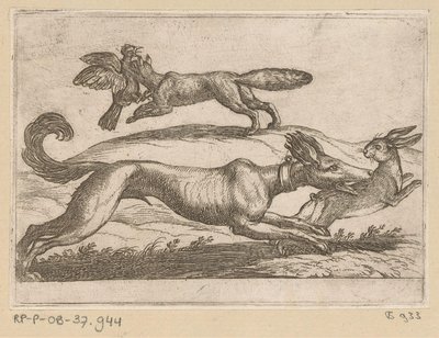 Un renard attaque une poule et un chien un lièvre - Antonio Tempesta